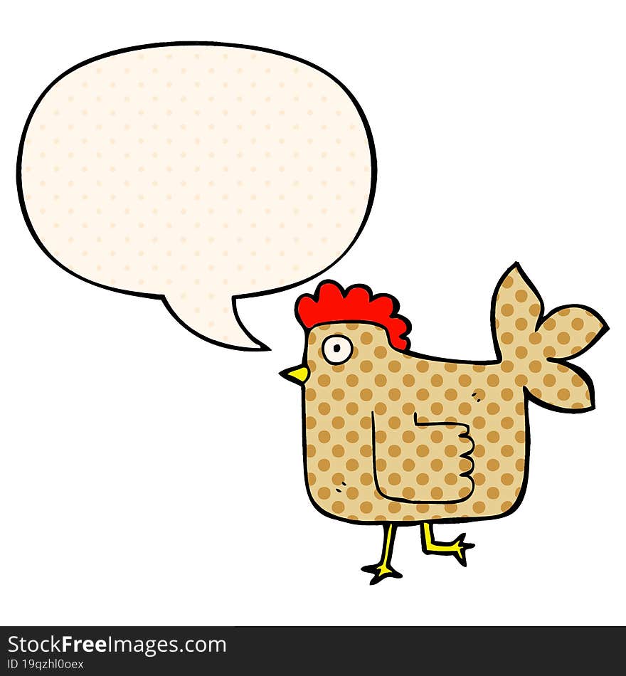 cartoon chicken with speech bubble in comic book style