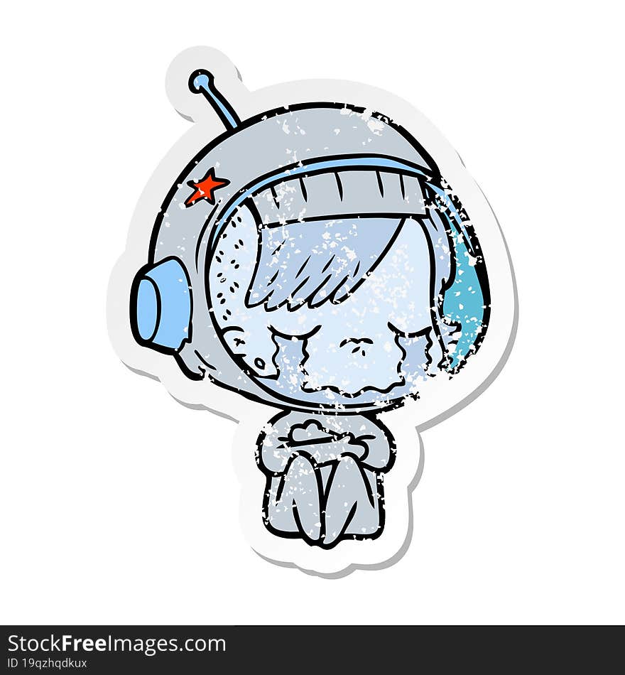 distressed sticker of a cartoon crying astronaut girl