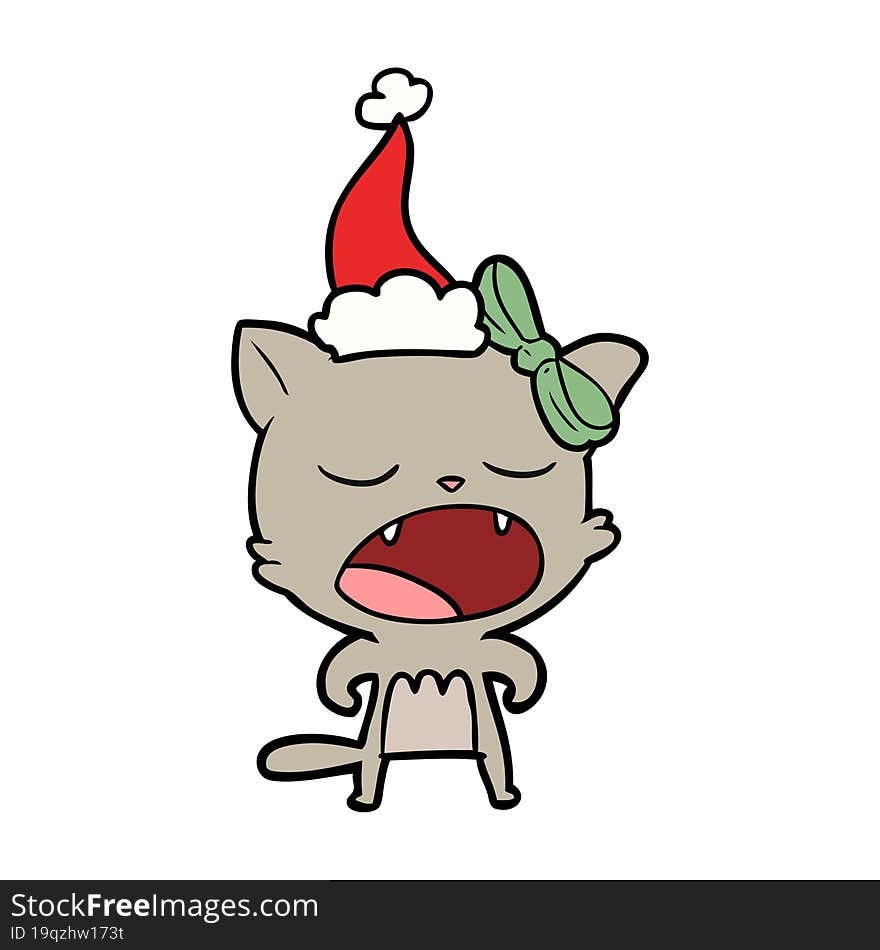 line drawing of a cat meowing wearing santa hat