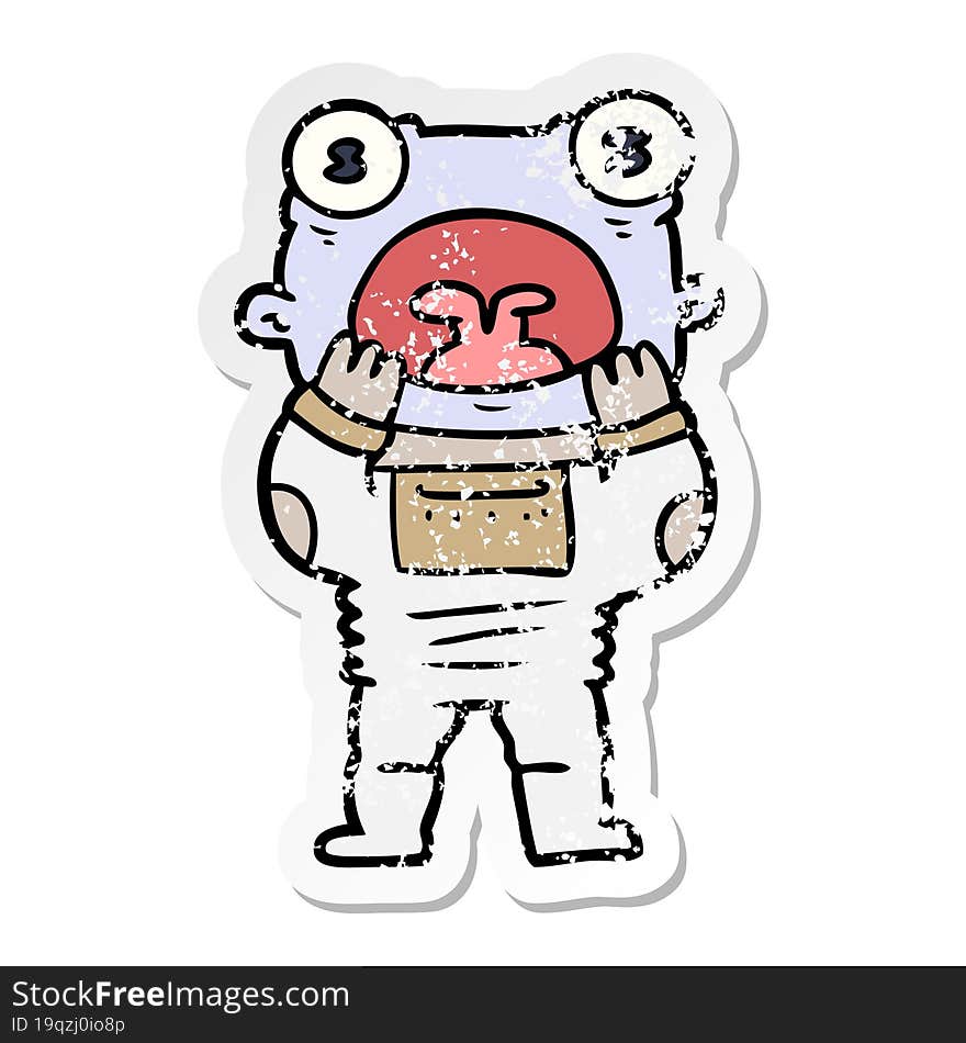 distressed sticker of a cartoon alien gasping in surprise