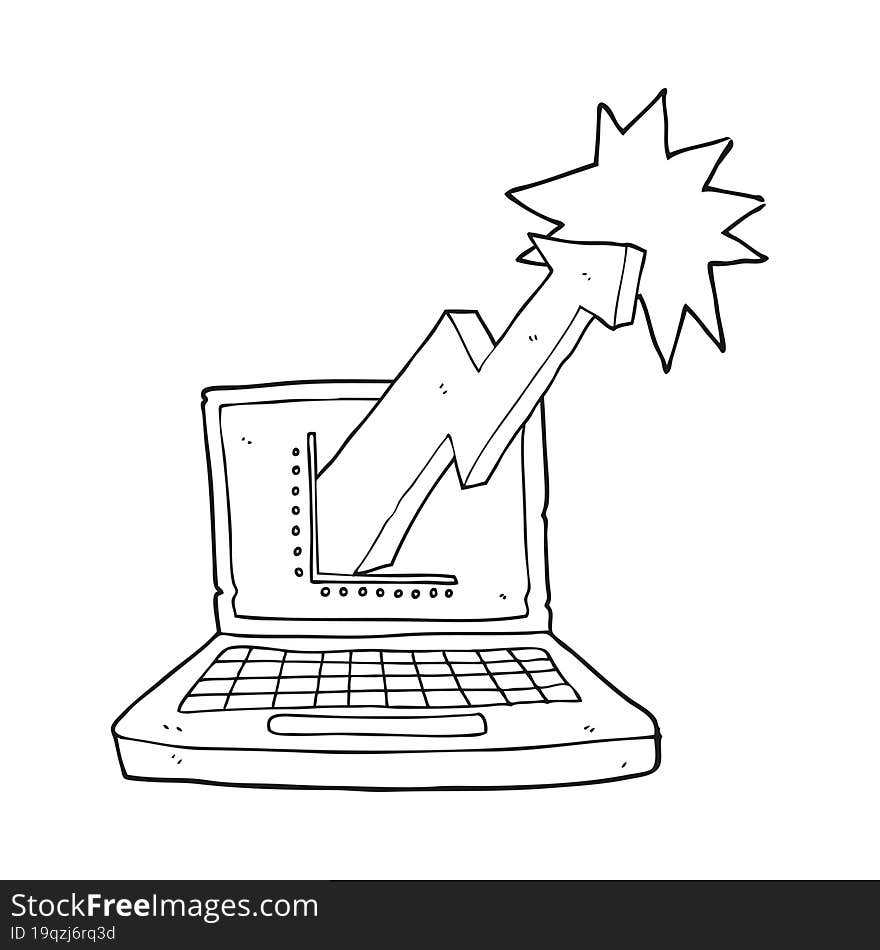 freehand drawn black and white cartoon laptop computer with business graph