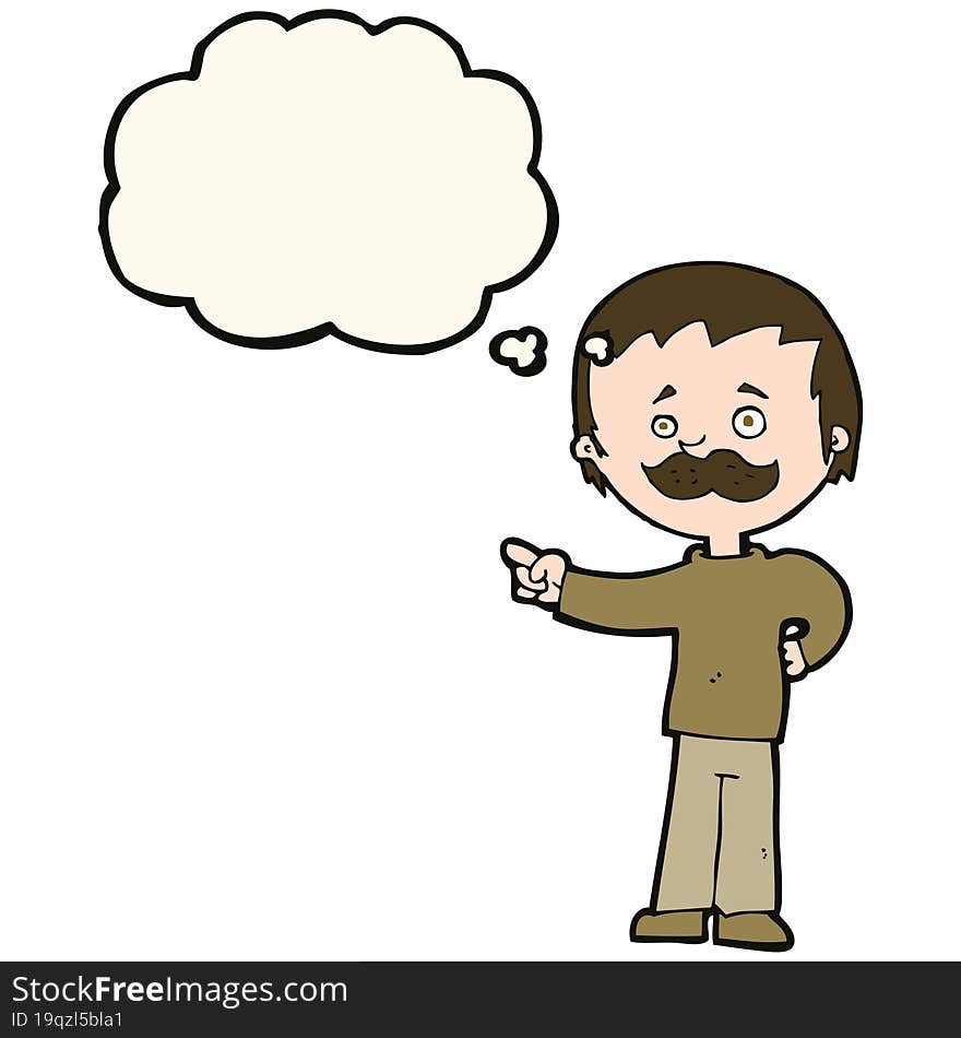 cartoon man with mustache pointing with thought bubble