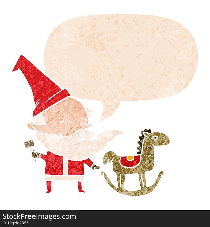 cartoon santa making toy and speech bubble in retro textured style