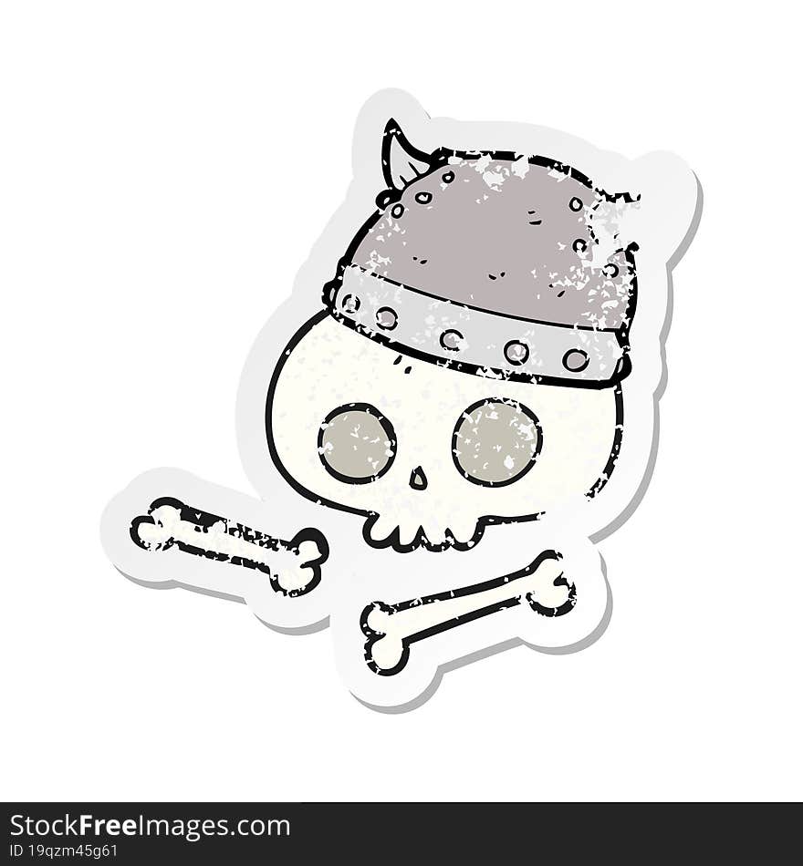 Retro Distressed Sticker Of A Cartoon Viking Helmet On Skull