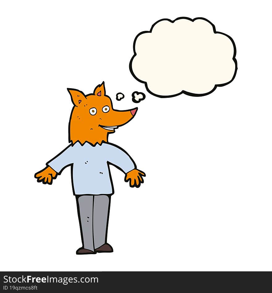 cartoon happy fox man with thought bubble