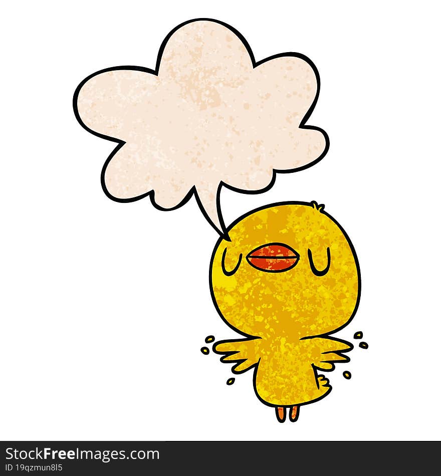 cute cartoon chick flapping wings and speech bubble in retro texture style