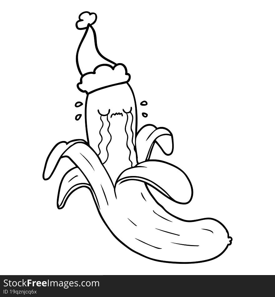 line drawing of a crying banana wearing santa hat