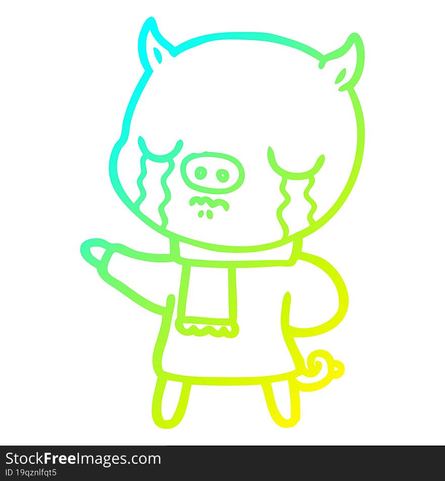 cold gradient line drawing of a cartoon crying pig wearing scarf