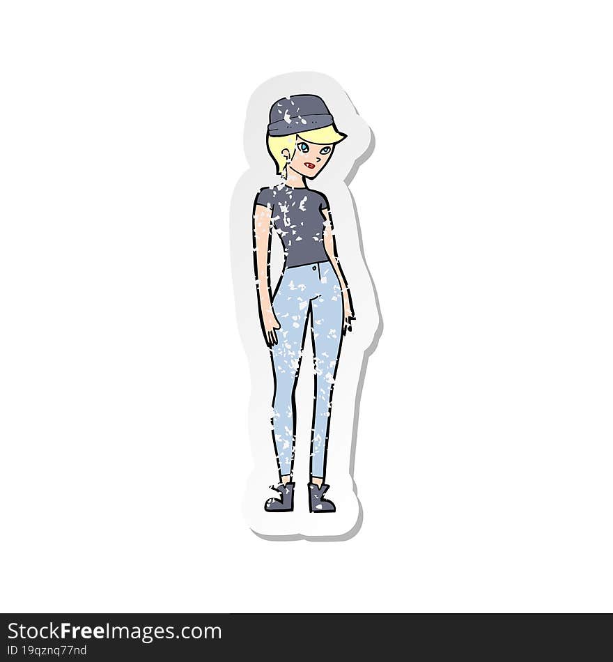 retro distressed sticker of a cartoon pretty woman wearing hat