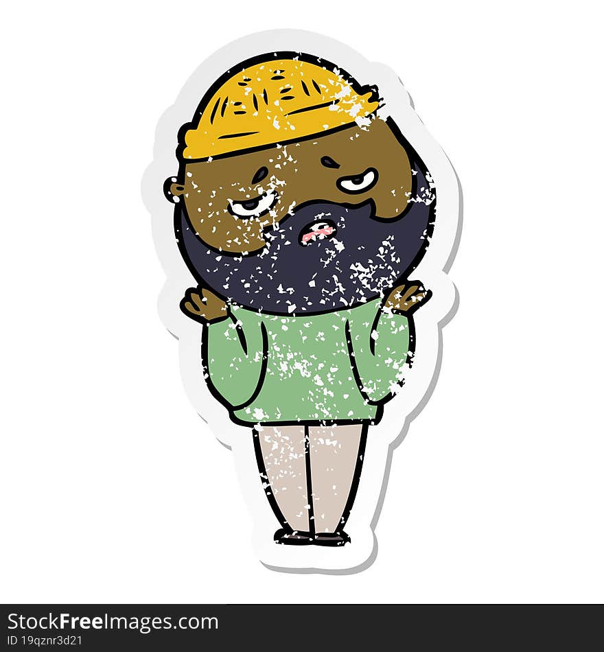 distressed sticker of a cartoon worried man with beard