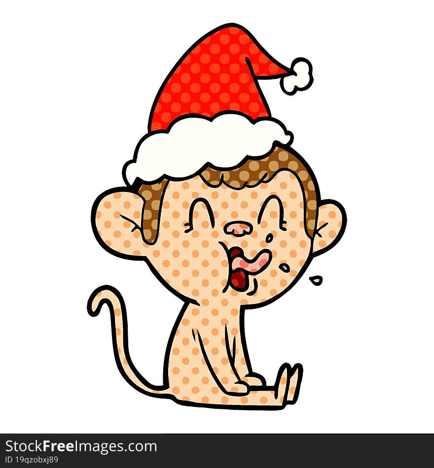 crazy comic book style illustration of a monkey sitting wearing santa hat