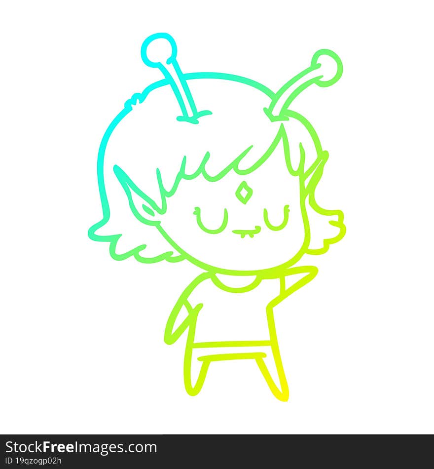 cold gradient line drawing of a cartoon alien girl