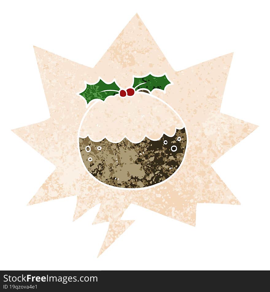 cartoon christmas pudding and speech bubble in retro textured style