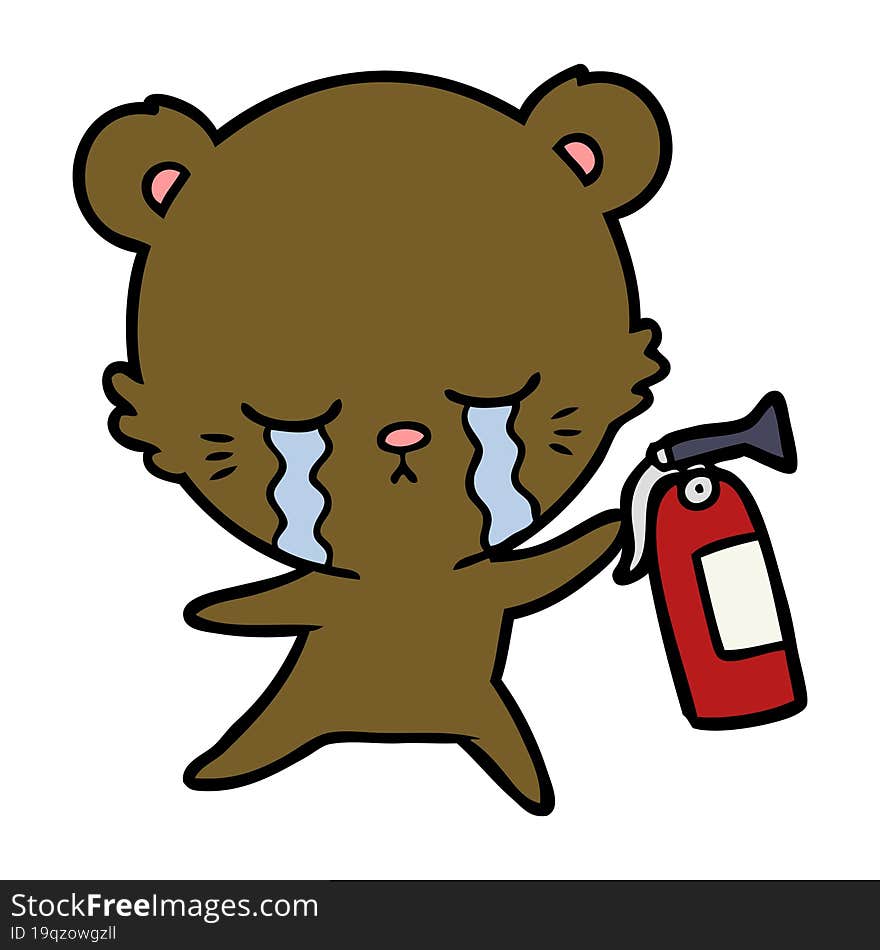 crying cartoon bear with fire extinguisher. crying cartoon bear with fire extinguisher