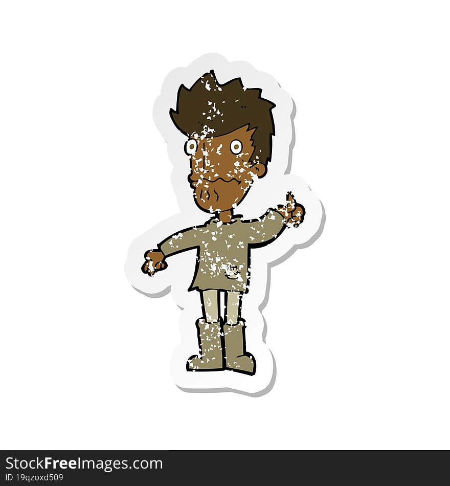 retro distressed sticker of a cartoon worried man giving thumbs up symbol