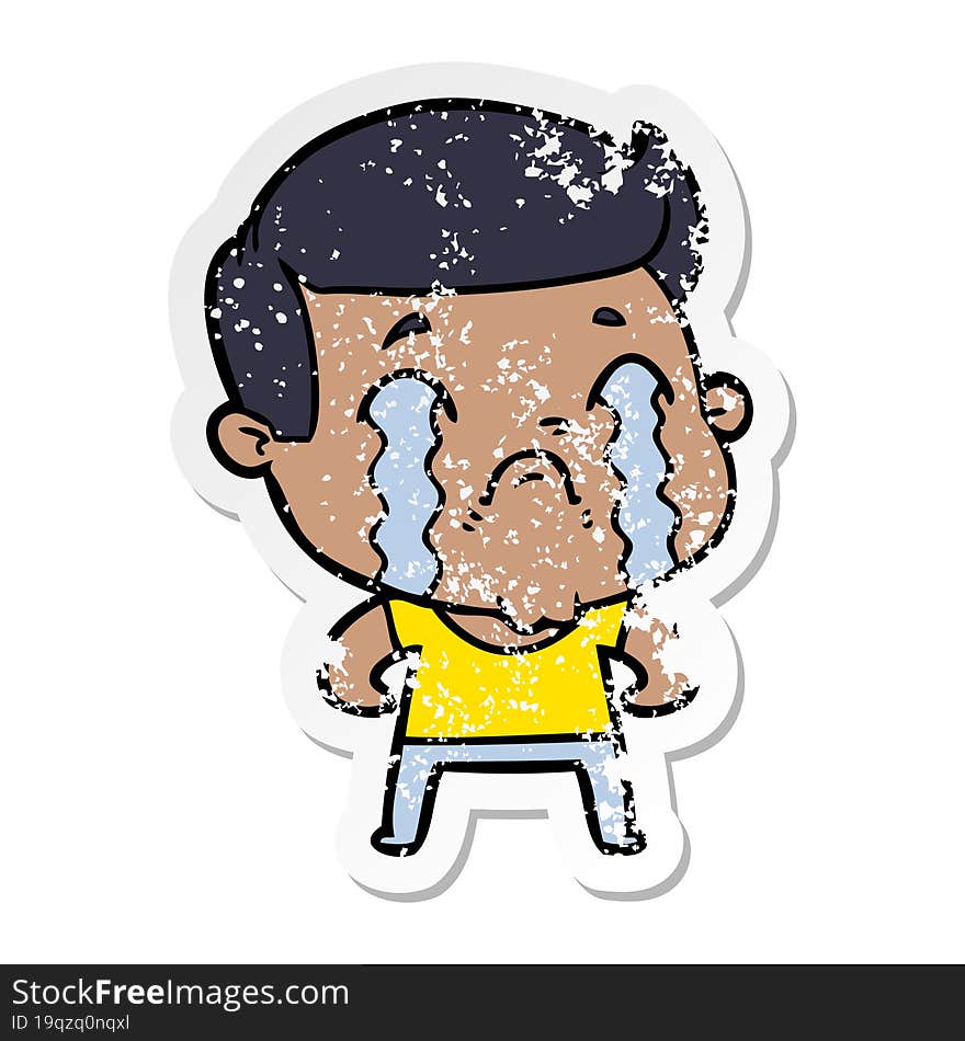 distressed sticker of a cartoon man crying