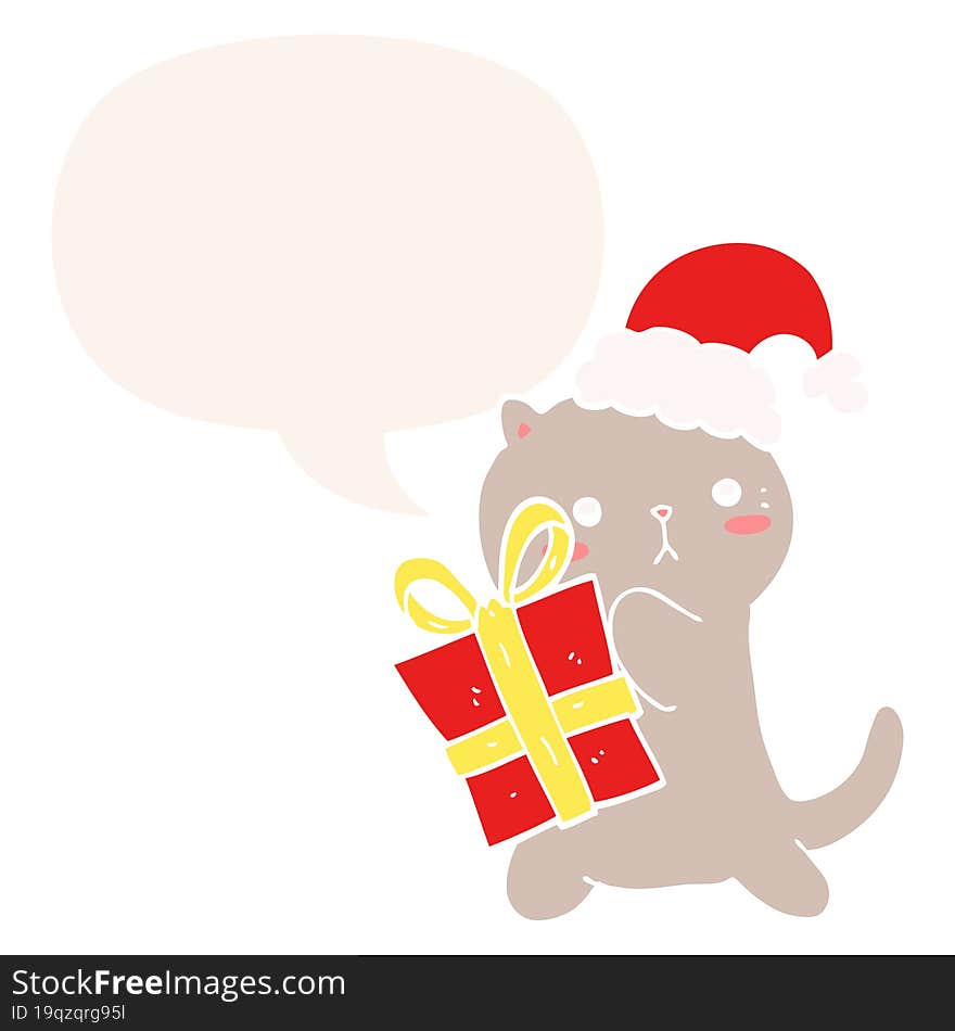 cute cartoon cat carrying christmas present with speech bubble in retro style