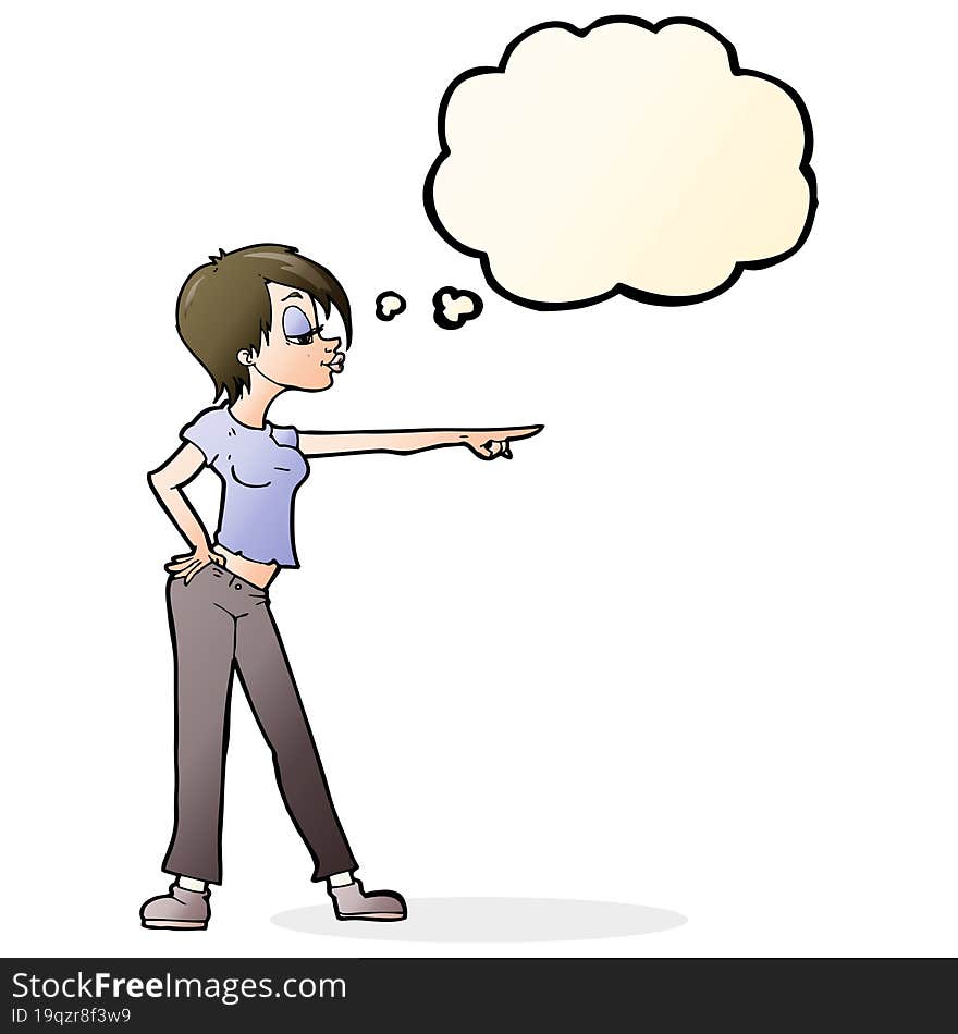 cartoon hip woman pointing with thought bubble