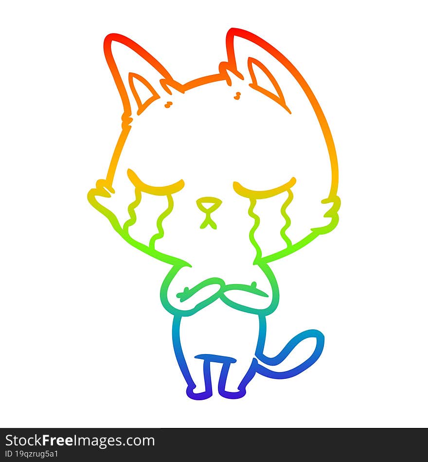 Rainbow Gradient Line Drawing Crying Cartoon Cat