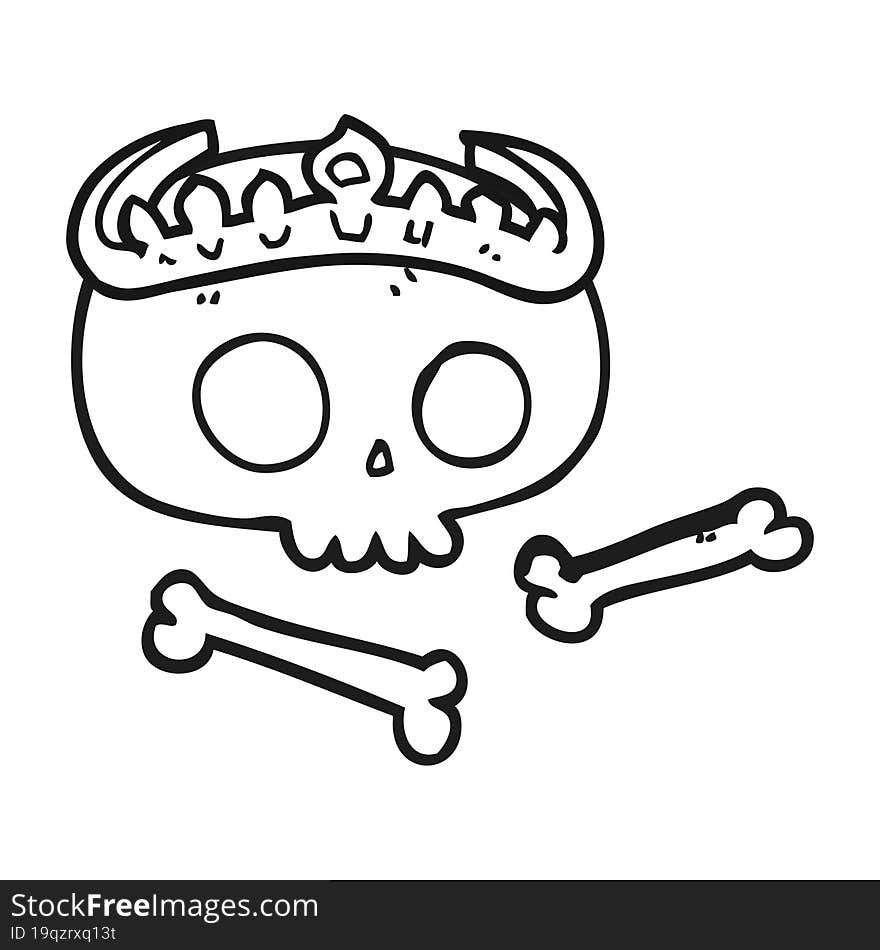 freehand drawn black and white cartoon skull wearing tiara