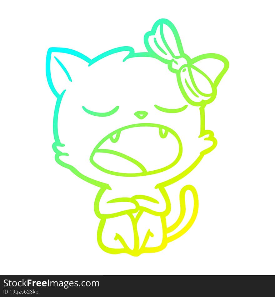 cold gradient line drawing of a cartoon yawning cat