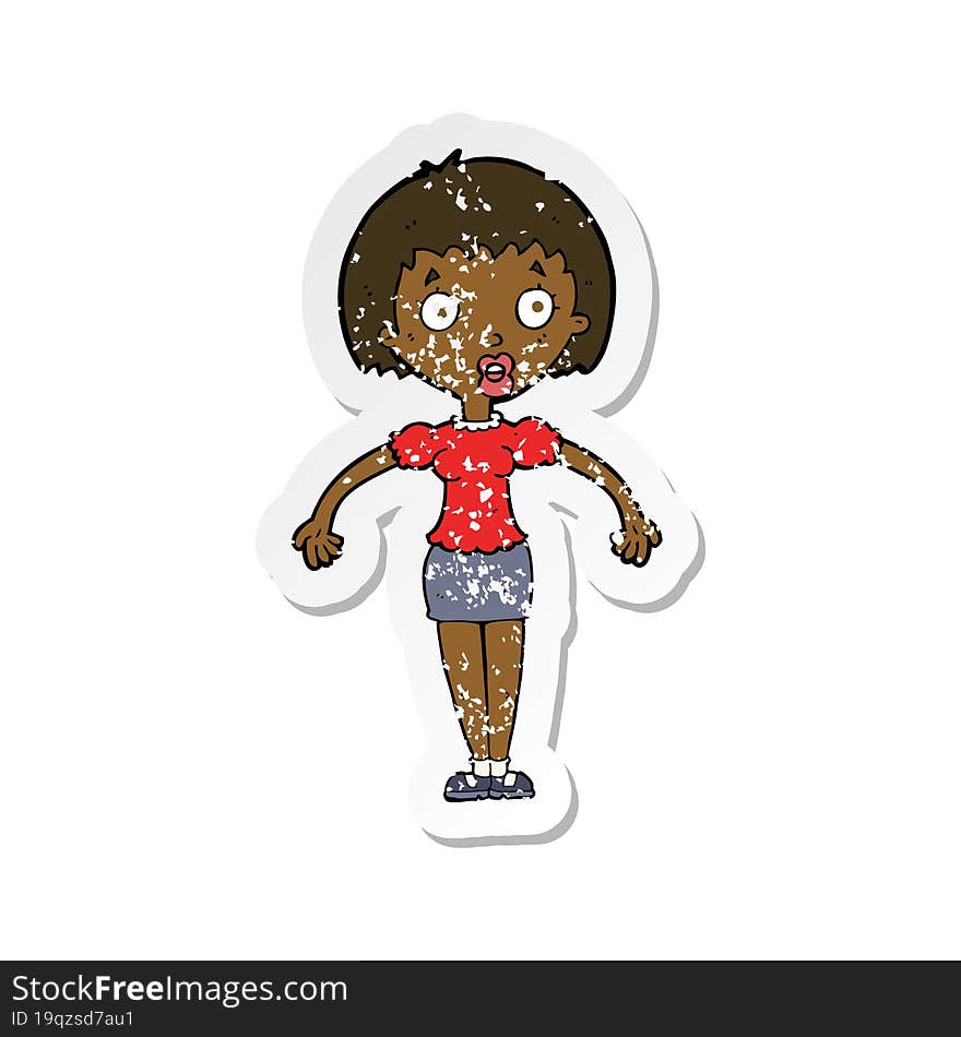 retro distressed sticker of a cartoon confused woman shrugging shoulders