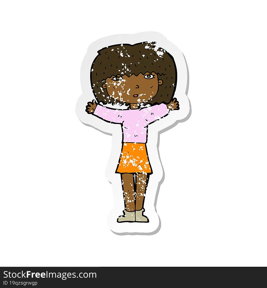 retro distressed sticker of a cartoon woman raising arms in air