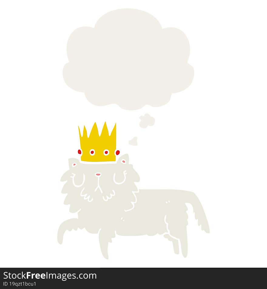 cartoon cat wearing crown and thought bubble in retro style