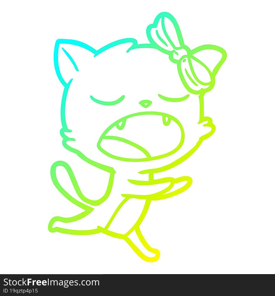 Cold Gradient Line Drawing Cartoon Yawning Cat