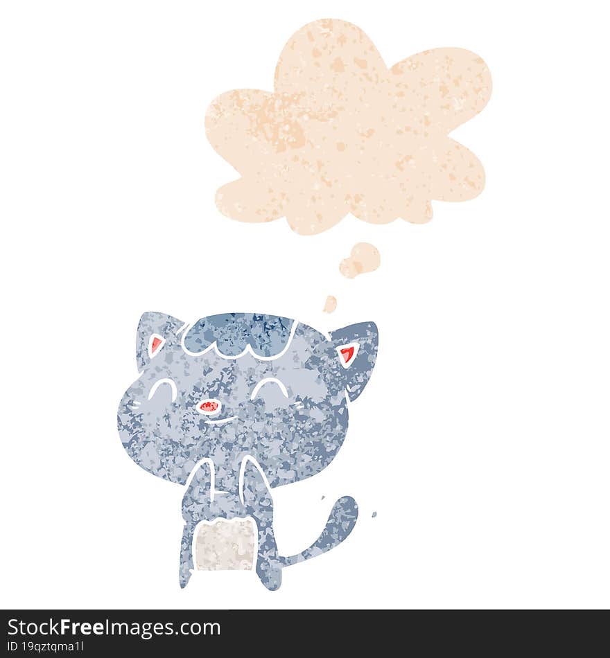 cartoon happy cat and thought bubble in retro textured style