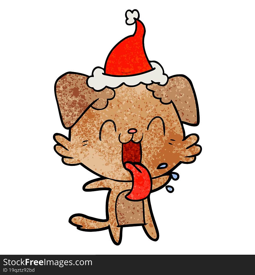 hand drawn textured cartoon of a panting dog wearing santa hat