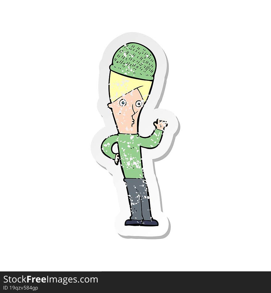 retro distressed sticker of a cartoon man wearing winter hat