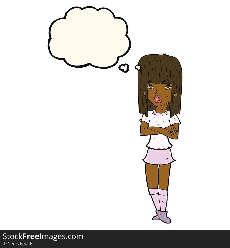 cartoon girl with crossed arms with thought bubble