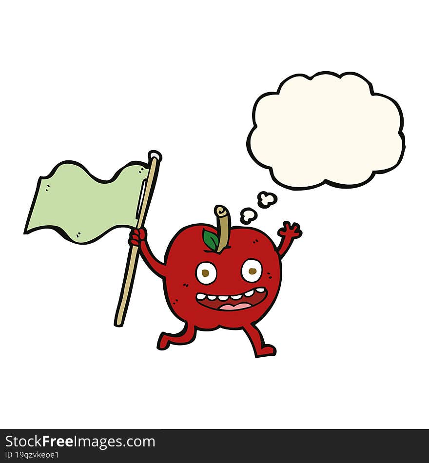 cartoon apple with flag with thought bubble