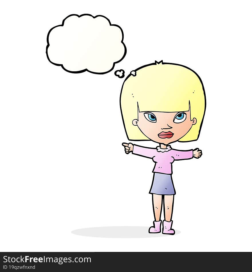 cartoon woman pointing with thought bubble