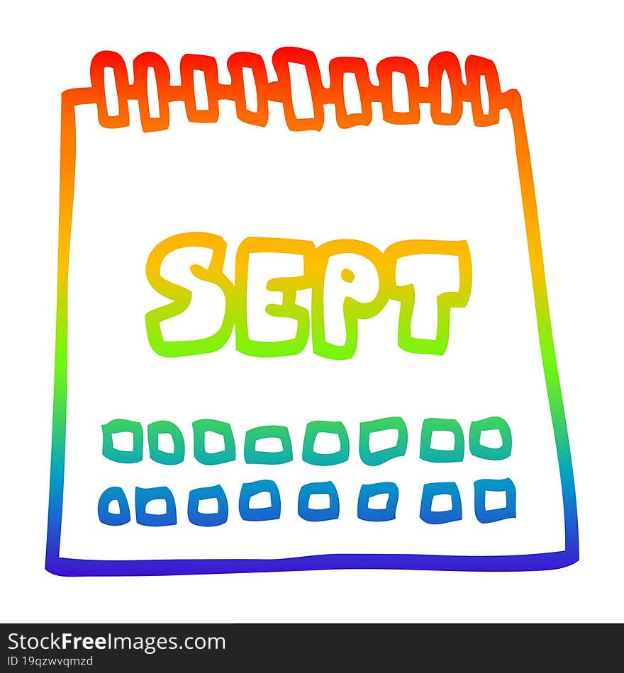 rainbow gradient line drawing of a cartoon calendar showing month of september