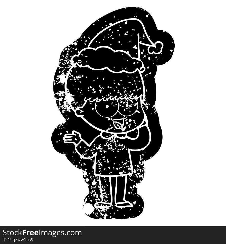 happy cartoon distressed icon of a boy wearing santa hat