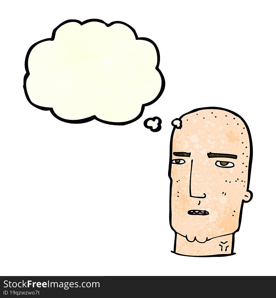 cartoon bald tough guy with thought bubble