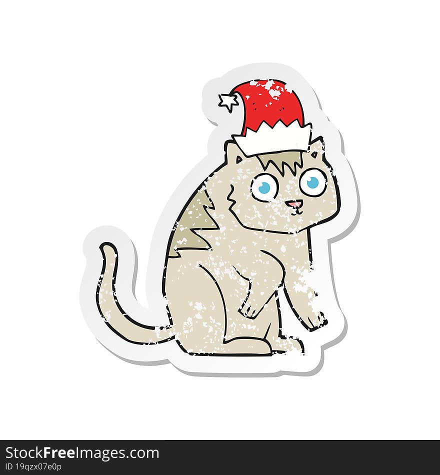 retro distressed sticker of a cartoon cat wearing christmas hat