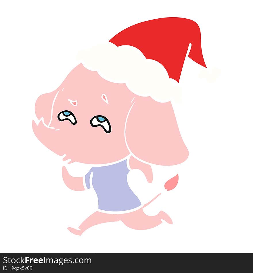 flat color illustration of a elephant remembering wearing santa hat