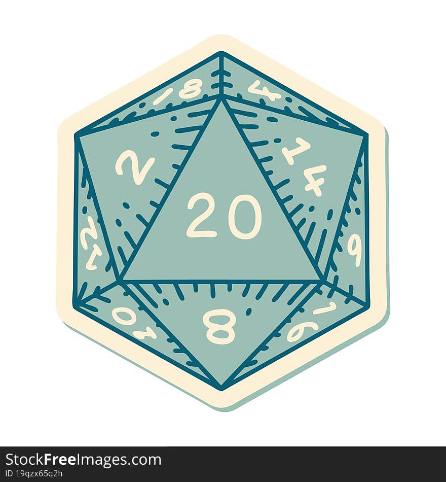 sticker of tattoo in traditional style of a d20 dice. sticker of tattoo in traditional style of a d20 dice