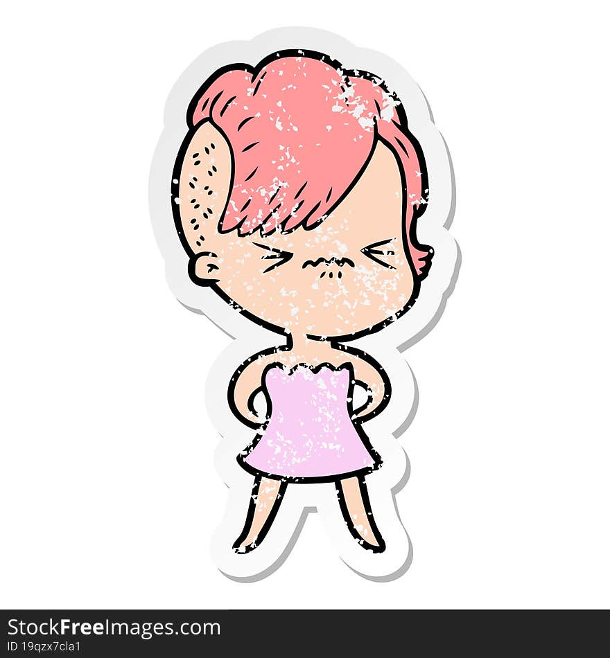 distressed sticker of a cartoon annoyed hipster girl