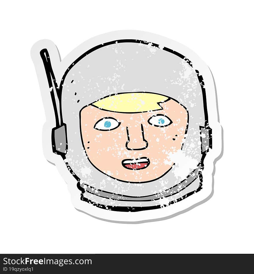 retro distressed sticker of a cartoon astronaut head