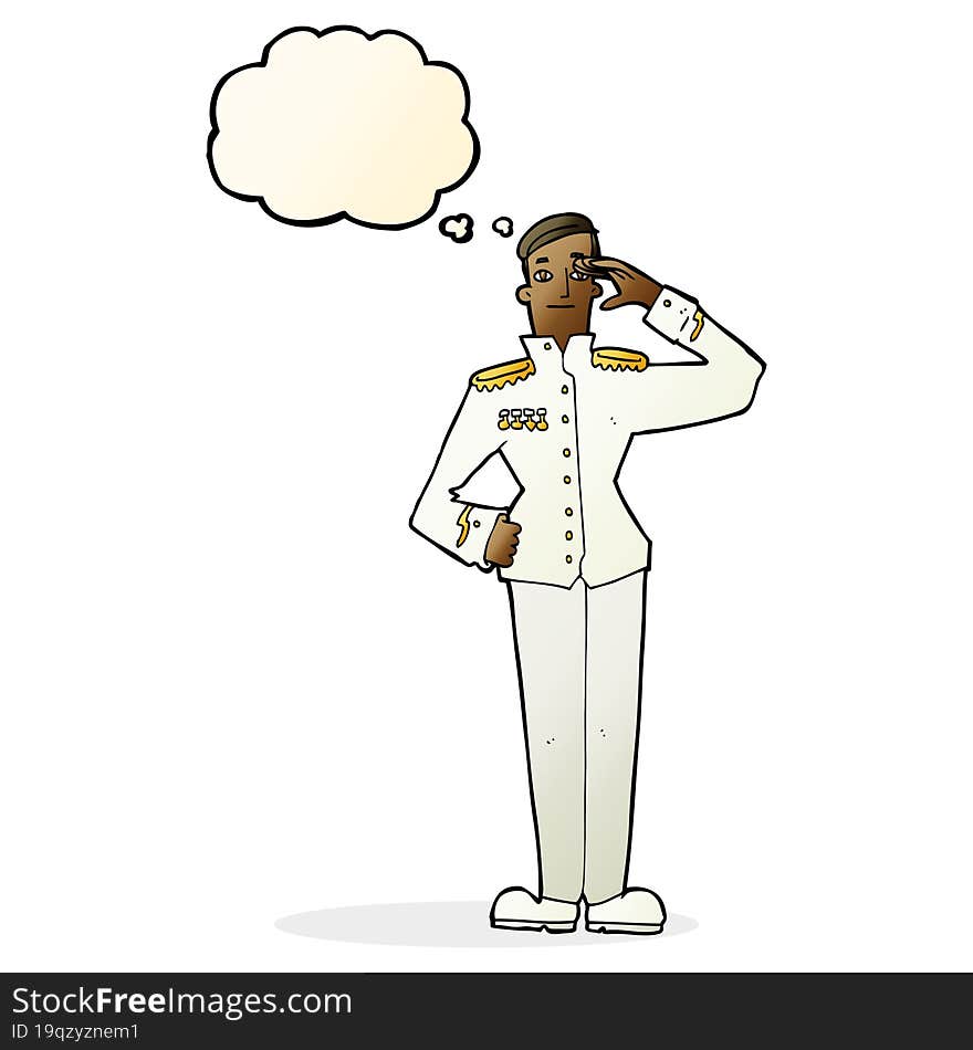 cartoon military man in dress uniform with thought bubble