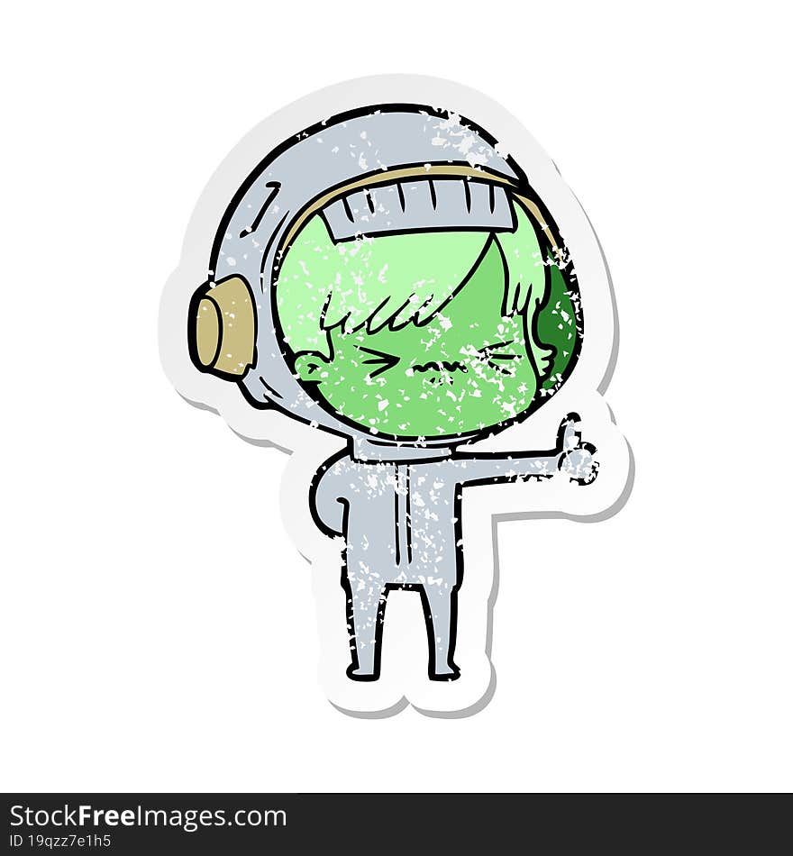 Distressed Sticker Of A Annoyed Cartoon Space Girl Giving Thumbs Up Sign