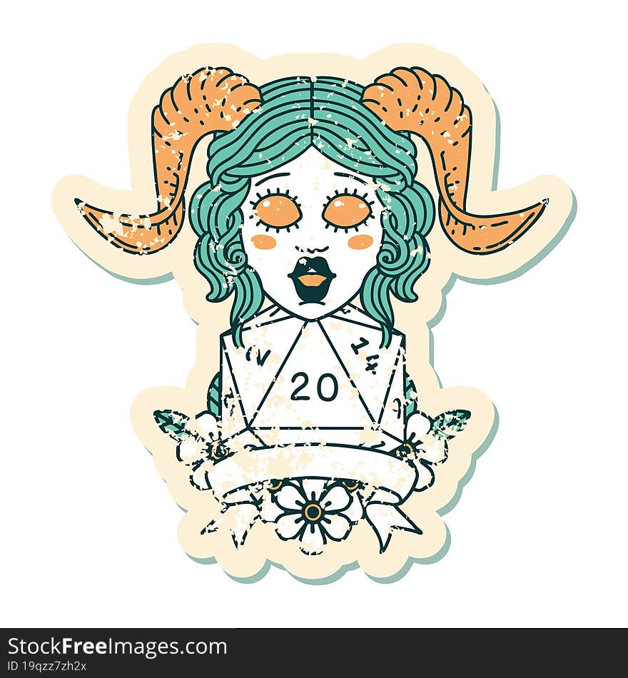 Retro Tattoo Style tiefling with natural twenty dice roll. Retro Tattoo Style tiefling with natural twenty dice roll