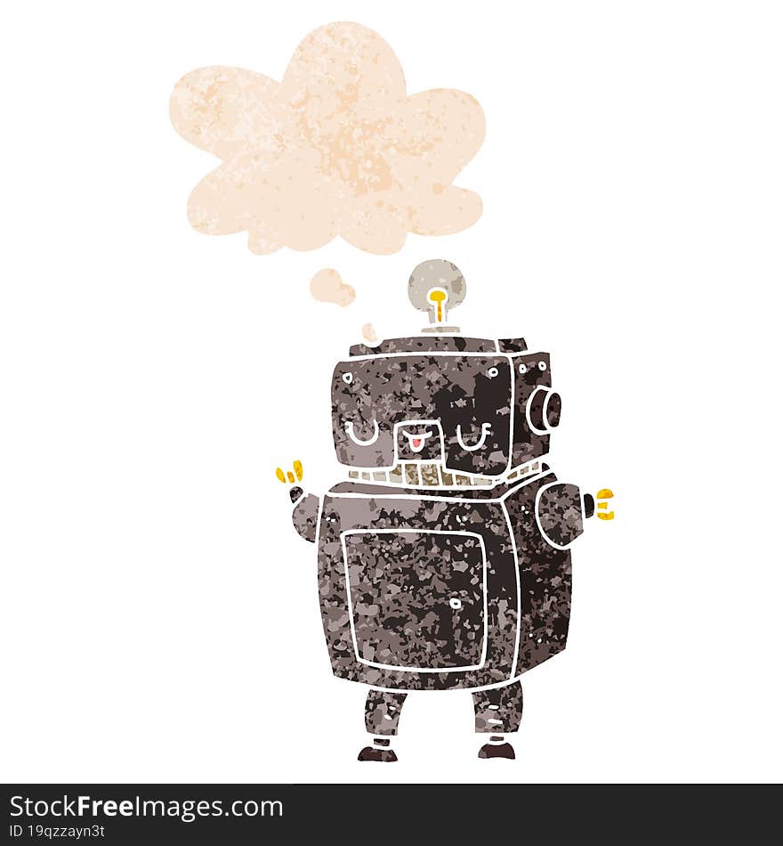 Cartoon Robot And Thought Bubble In Retro Textured Style