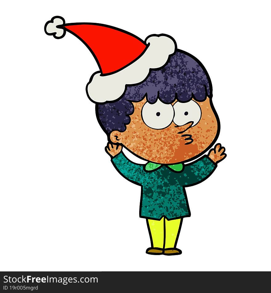 textured cartoon of a curious boy wearing santa hat