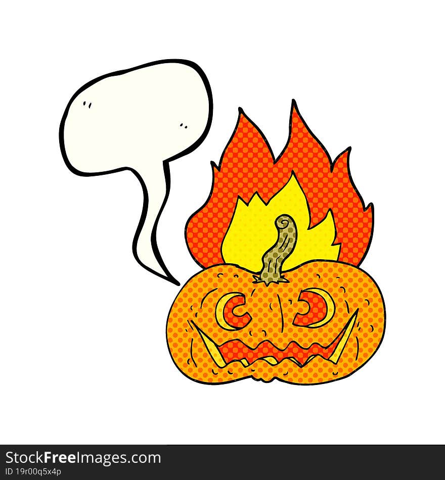 freehand drawn comic book speech bubble cartoon flaming halloween pumpkin