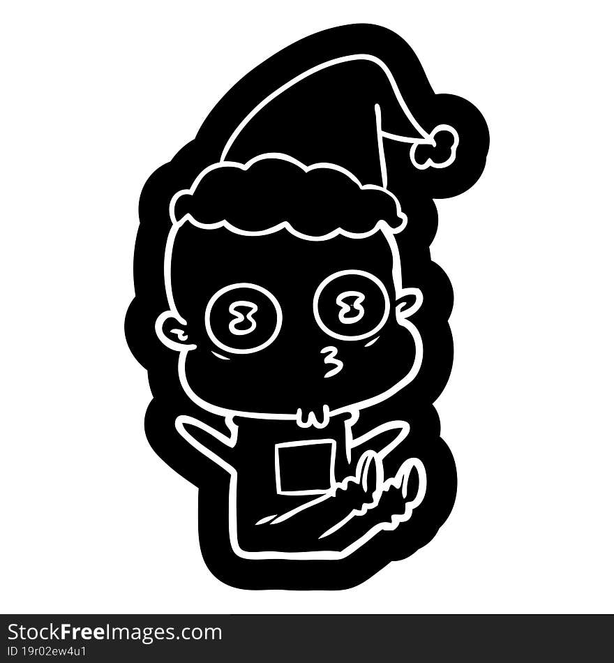 cartoon icon of a weird bald spaceman wearing santa hat